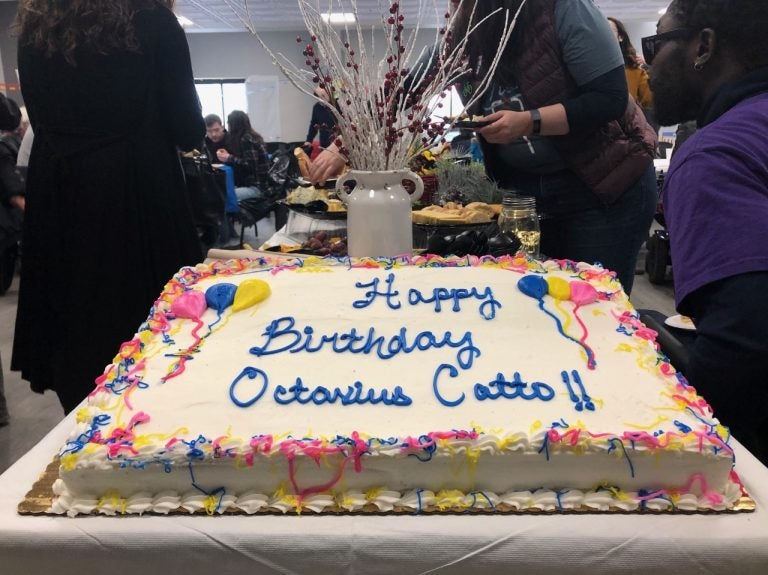 Cake was served at the Philly Transit Equity Day event in Center City to honor the 180th birthday of Octavius Catto. (Darryl Murphy/WHYY)