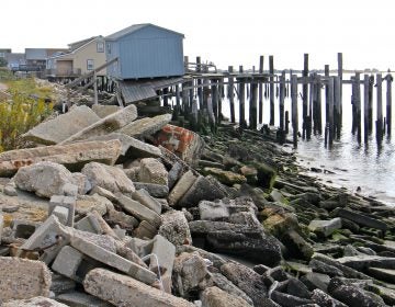 Rocks and the bay are seen along Bay Point