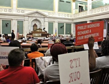 Supporters attend a hearing at City Hall on fair workweek legislation. (Emma Lee/WHYY)