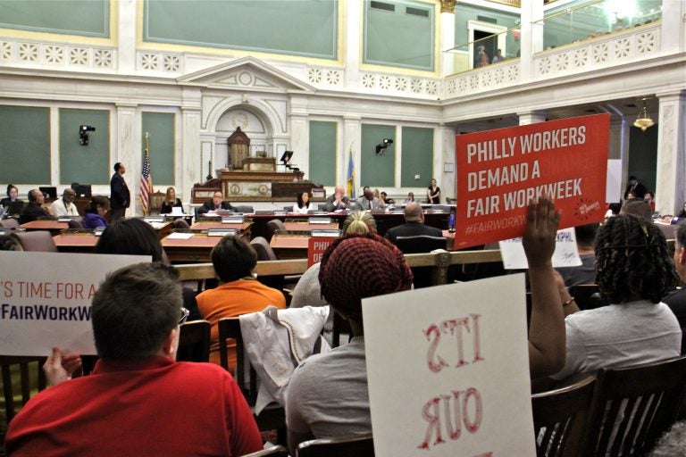 Supporters attend a hearing at City Hall on fair workweek legislation. (Emma Lee/WHYY)