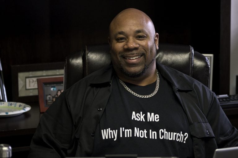 Pastor Rev. Larry L. Anderson, Jr. in his office at the Great Commission Church in Northwest Philadelphia on Jan. 29. (Bastiaan Slabbers for WHYY)