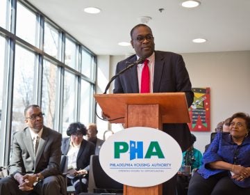 Philadelphia Housing Authority president Kelvin Jeremiah spoke at the opening of the Sharswood Tower. (Kimberly Paynter/WHYY)