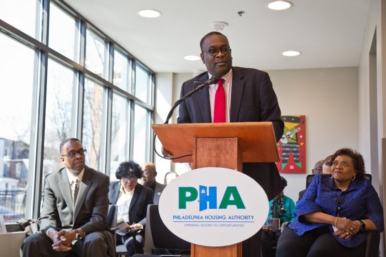 Philadelphia Housing Authority president Kelvin Jeremiah spoke at the opening of the Sharswood Tower. (Kimberly Paynter/WHYY)