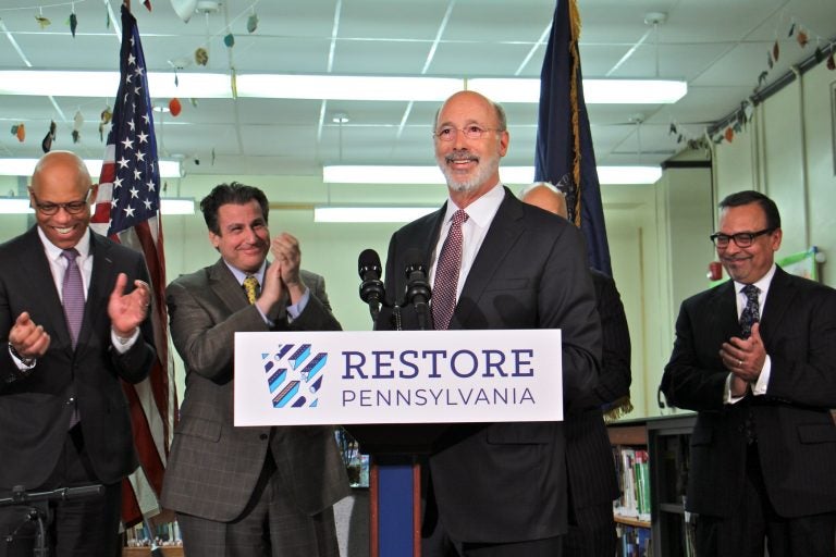 Gov. Tom Wolf visits Taggart Elementary School in South Philadelphia to stump for legislation that would tax natural gas extraction to pay for school improvements. (Emma Lee/WHYY)