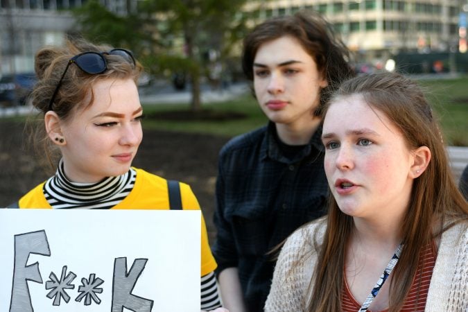 A group of five student-activists from Central Bucks South High School came to LOVE Park on Sunday to participate in a anti-gun violence rally to mark the one-year anniversary of the student-led March For Our Lives after the mass shooting in Parkland, Florida. (Bastiaan Slabbers for WHYY)
