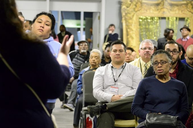 Members from the community packed the auditorium of the old York House for a discussion with VisionQuest representatives about the plans of housing unaccompanied immigrant youth at 5201 N. Broad St. The event, hosted by 9th District Councilwoman Cherelle Parker went well into the night on Thursday. (Bastiaan Slabbers for WHYY)