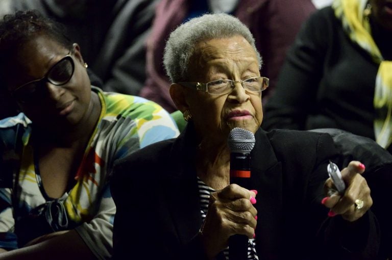 Marion Johnson, active in the community for close to 40 years, goes in a head to head with a representative of VisionQuest during a community gathering hosted by Councilwoman Cherelle Parker, on Thursday. (Bastiaan Slabbers for WHYY)