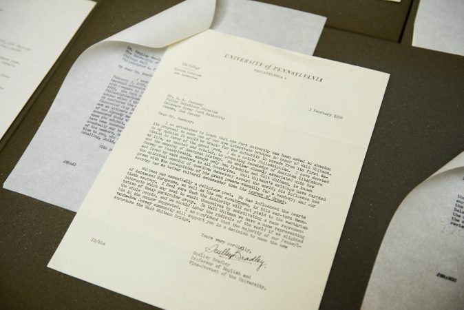 The Whitman at 200 Symposium pop-up exhibition includes a section dedicated to the Walt Whitman controversy over naming the bridge after Walt Whitman in 1855. Included are official documents and letters advocating for the bridge to be named after Whitman. (Natalie Piserchio for WHYY)