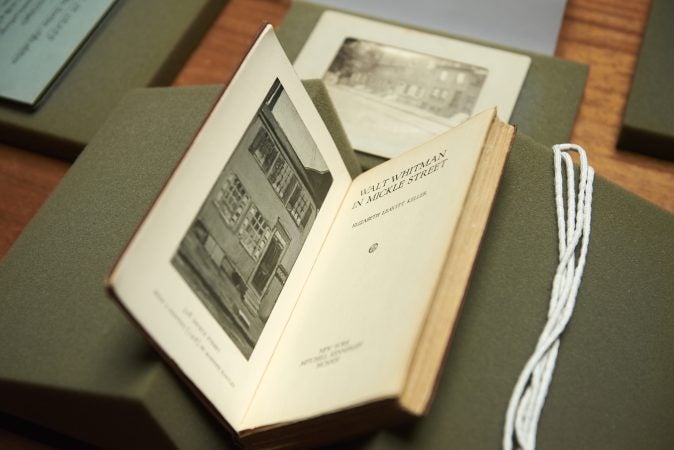 The Whitman at 200 Symposium pop-up exhibition includes books, early writings, and manuscripts. (Natalie Piserchio for WHYY)