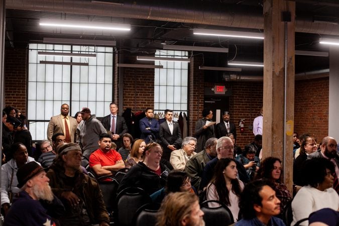 Residents of Kensington and city officials attend a meeting to provide updates on the Philadelphia Resilience Projects's efforts to combat the opioid epidemic. (Brad Larrison for WHYY)