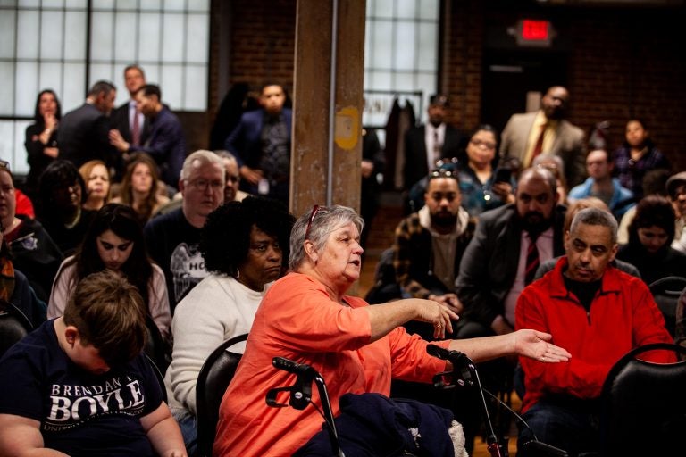 Kensington resident Donna Aument voiced her opposition to a proposed supervised injection site at a meeting to update residents on the ongoing Philadelphia Resilience Project's efforts in combating the opioid epidemic. (Brad Larrison for WHYY)