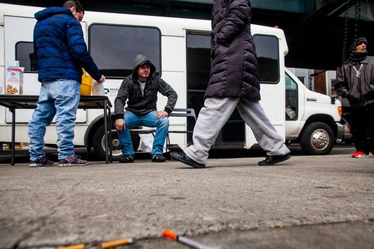 Louis Morano, who was visiting the Prevention Point bus for the second time, sits outside and waits to be seen by Dr. Ben Cocchiaro. (Brad Larrison for WHYY)