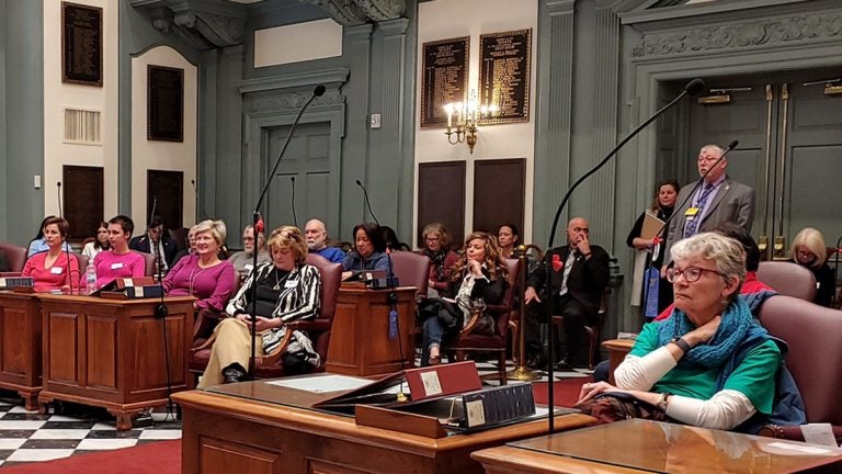 Dozens of abortion rights advocates and abortion opponents gathered in Dover, Del. to debate legislation aiming to ban late-term abortions. (Zoe Read/WHYY)