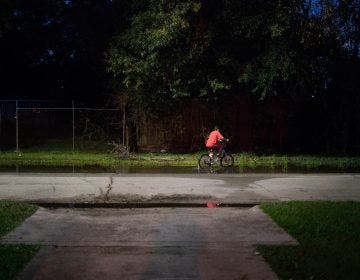 A boy rides his bike through still water after a thunderstorm in the Lakewood area of East Houston, which flooded during Hurricane Harvey.
(Claire Harbage/NPR)