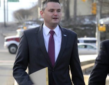 Pennsylvania State Representative Nick Miccarelli arrives for a protection-from-abuse (PFA) hearing, Thursday, March 15, 2018, at the Luzerne County Courthouse, in Wilkes-Barre, Pa. The PFA was filed against Miccarelli by Pennsylvania State Representative Tarah Toohil. Toohil was granted a three-year protective order against Miccarelli, Thursday. (Mark Moran/The Citizens' Voice via AP)