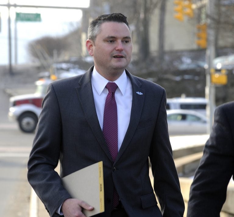 Pennsylvania State Representative Nick Miccarelli arrives for a protection-from-abuse (PFA) hearing, Thursday, March 15, 2018, at the Luzerne County Courthouse, in Wilkes-Barre, Pa. The PFA was filed against Miccarelli by Pennsylvania State Representative Tarah Toohil. Toohil was granted a three-year protective order against Miccarelli, Thursday. (Mark Moran/The Citizens' Voice via AP)