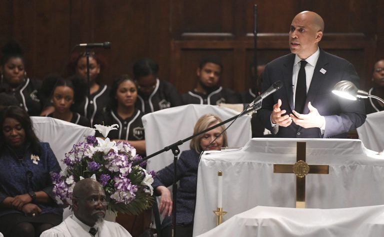 U.S. Sen. Cory Booker, D-N.J., speaks during a commemorative service Sunday, March 3, 2019, at Brown Chapel AME Church in Selma, Ala. Several Democratic White House hopefuls are visiting one of America's seminal civil rights sites to pay homage to that legacy and highlight their own connections to the movement. (Julie Bennett/AP Photo)