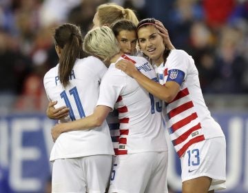 United States' Tobin Heath, (second from right), is congratulated on her goal by Mallory Pugh (11), Megan Rapinoe and Alex Morgan (13) during the first half of a SheBelieves Cup soccer match against Brazil Tuesday, March 5, 2019, in Tampa, Fla. (Mike Carlson/AP Photo)