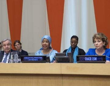 In this Friday, March 8, 2019 photo provided by the United Nations, Phumzile Mlambo-Ngcuka, third from right, executive director of UN Women, speaks at the United Nations Observance of International Women's Day at the United Nations headquarters. (Eskinder Debebe/The United Nations via AP)