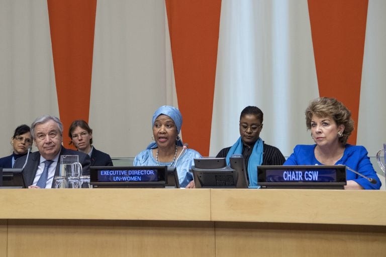 In this Friday, March 8, 2019 photo provided by the United Nations, Phumzile Mlambo-Ngcuka, third from right, executive director of UN Women, speaks at the United Nations Observance of International Women's Day at the United Nations headquarters. (Eskinder Debebe/The United Nations via AP)