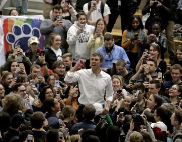 Democratic presidential candidate Beto O'Rourke, center, thanks students as he leaves the The Hub Robison Center on the Penn State campus in State College, Pa., Tuesday, March 19, 2019. (Gene J. Puskar/AP Photo)