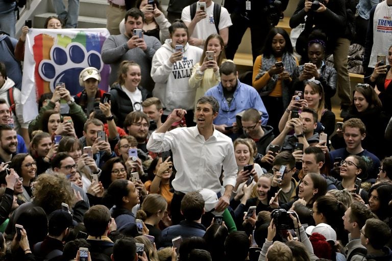 Democratic presidential candidate Beto O'Rourke, center, thanks students as he leaves the The Hub Robison Center on the Penn State campus in State College, Pa., Tuesday, March 19, 2019. (Gene J. Puskar/AP Photo)