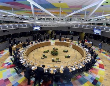 European Union leaders attend a round table meeting at an EU summit in Brussels, Thursday, March 21, 2019. British Prime Minister Theresa May is trying to persuade European Union leaders to delay Brexit by up to three months, just eight days before Britain is scheduled to leave the bloc. (Aris Oikonomou/Pool Photo via AP)