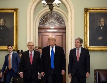 President Donald Trump accompanied by Senate Majority Leader Mitch McConnell of Ky., left, and Sen. Roy Blunt, R-Mo., right, arrives for a Senate Republican policy lunch on Capitol Hill in Washington, Tuesday, March 26, 2019. (Andrew Harnik/AP Photo)