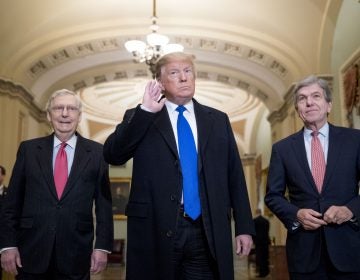 President Donald Trump accompanied by Senate Majority Leader Mitch McConnell of Ky., left, and Sen. Roy Blunt, R-Mo., right, takes a question from a member of the media as he arrives for a Senate Republican policy lunch on Capitol Hill in Washington, Tuesday, March 26, 2019. (AP Photo/Andrew Harnik)