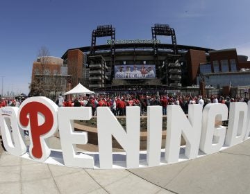 Fans gather for Phillies opening day against the Atlanta Braves at Citizen's Bank Park in Philadelphia Thursday March 28, 2019. (AP Photo/Matt Rourke)