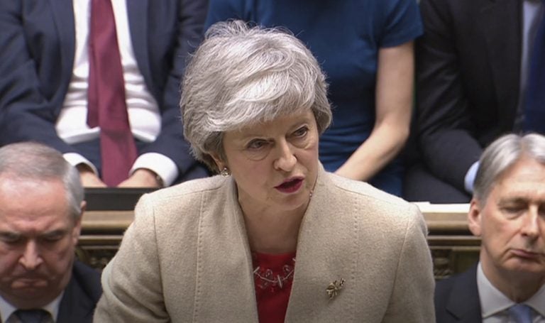 Britain's Prime Minister Theresa May speaks to lawmakers after the government's Brexit withdrawal agreement was voted down in the House of Commons, London, Friday March 29, 2019.  U.K. lawmakers on Friday rejected the government's Brexit divorce deal with the European Union for a third time. (House of Commons via AP)