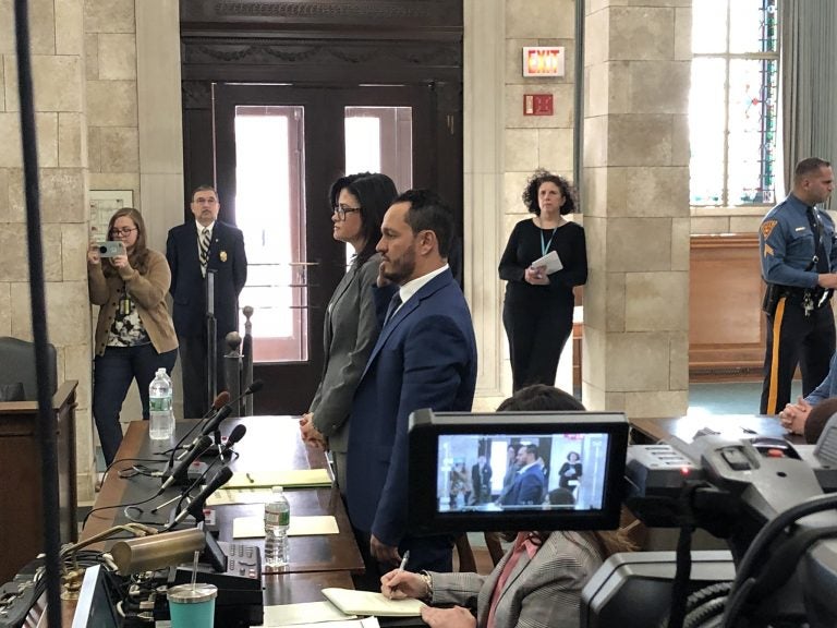 During a hearing before a New Jersey legislative committee Tuesday, Al Alvarez testifies he was falsely accused of rape by Katie Brennan. He says the accusations have devastated his career and taken an emotional toll on his family. (Joe Hernandez/WHYY)