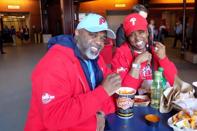 Troy James and his wife Renee James attended their first Opening Day game. Troy celebrated his 56th birthday and got to meat the team. (Ximena Conde/WHYY)