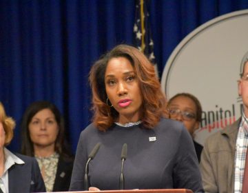 Bridgette May, a certified school nurse in the Erie City School District, speaks during a news conference at the state Capitol on March 26, 2019. 