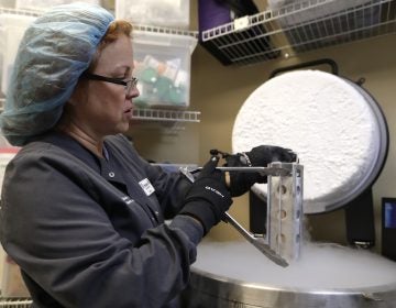 Medical tech removes a container with frozen embryos and sperm being stored in liquid nitrogen at a fertility clinic. (Lynne Sladky/ AP Photo)