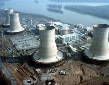 Aerial view of Three Mile Island nuclear plant near Harrisburg, Pa., scene of a nuclear accident, Thursday, March 28, 1979. The plant started leaking radioactive steam, contaminating the area. (AP Photo)