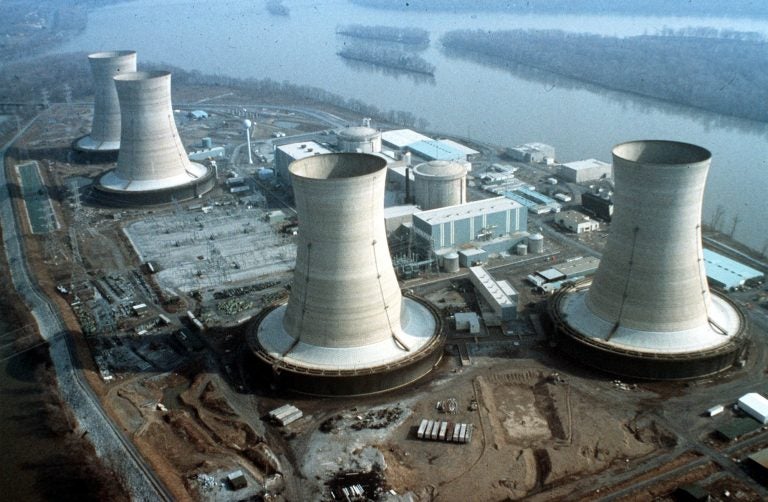 Aerial view of Three Mile Island nuclear plant near Harrisburg, Pa., scene of a nuclear accident, Thursday, March 28, 1979. The plant started leaking radioactive steam, contaminating the area. (AP Photo)