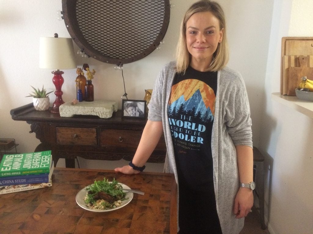 Tiffany Stair says not eating meat is better for the environment, one of many reasons why she's vegan. She learned to make dishes like spaghetti carbonara without using any animal products. (Alan Yu/WHYY)