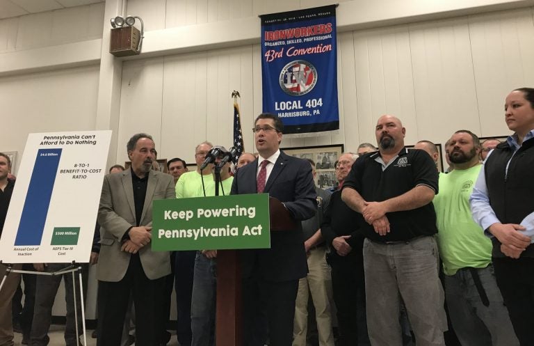 Rep. Thomas Mehaffie (R- Dauphin) unveils a bill aimed a preventing the early closure of two of Pennsylvania's five nuclear power plants. (Marie Cusick/StateImpact Pennsylvania)