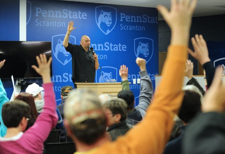 Pennsylvania Lt. Gov. John Fetterman asks for a show of hands with all in favor of adult recreational use marijuana at the conclusion of a listening session on recreational marijuana with community members Mar. 2, 2019, at Penn State Scranton in Dunmore, Pennsylvania. (Matt Smith for WHYY)