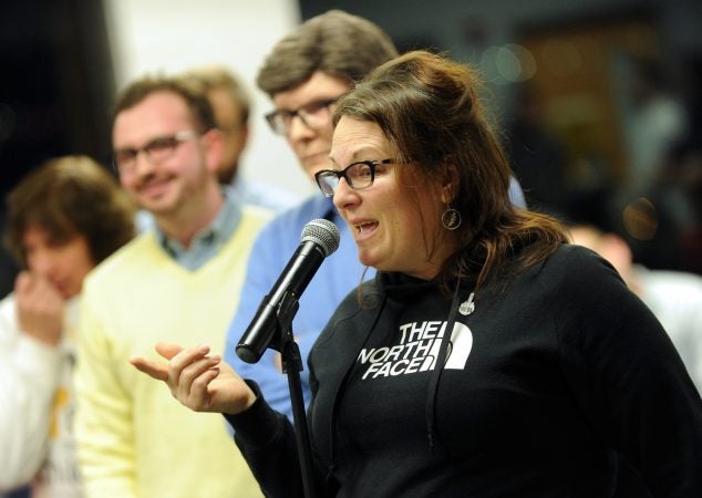 Holly Mackar, of Throop, voices her approval of legalizing marijuana for recreational use. (Matt Smith for WHYY)