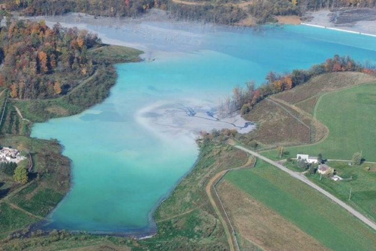 Little Blue Run, the largest coal ash pond east of the Mississippi, along the Pennsylvania-West Virginia border. (Courtesy of Robert Donnan)