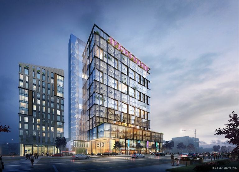 A rendering of a mixed-use development Parkway has proposed for a surface parking lot it owns at the intersection of North Broad and Spring Garden streets. (BLT Architects/Parkway Corp.)