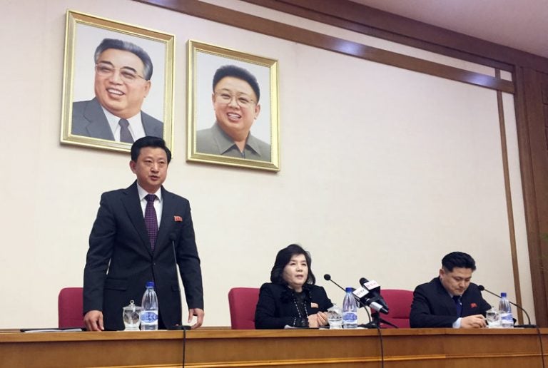 North Korean Vice Foreign Minister Choe Son Hui, (center), speaks at a gathering for diplomats in Pyongyang, North Korea, on Friday. (Eric Talmadge/AP)