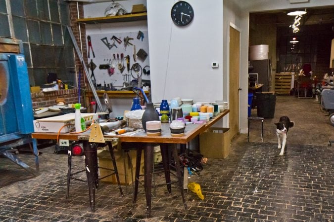 Giniewski Ceramics and beloved shop dog Jelly housed in the Globe Dye Works building. (Kimberly Paynter/WHYY)