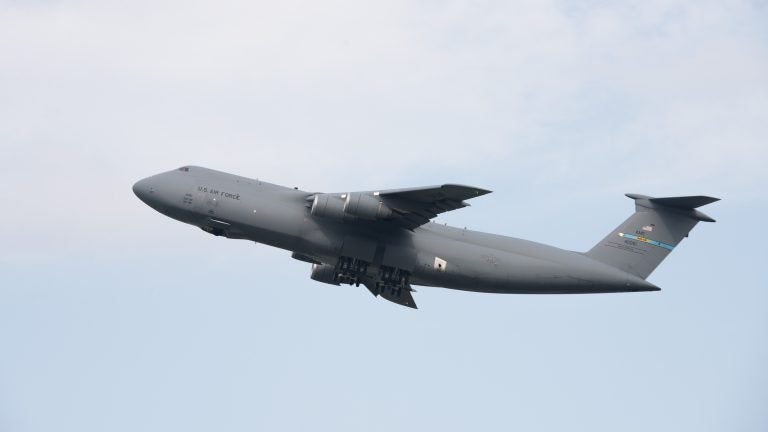 A C-5M Super Galaxy takes off at Dover Air Force Base. A new maintenance hangar could be in jeopardy following President Trump’s emergency declaration at the southern U.S. border. (U.S. Air Force photo by Senior Airman Zachary Cacicia)
