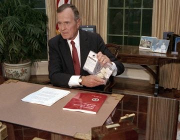President George H.W. Bush addressing the nation on Sept. 5, 1989. The president illustrated the threat of drugs by holding up a baggie of crack he said had been seized across the street from the White House. (Courtesy of George Bush Presidential Library and Museum)