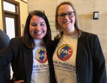 Jen Cavallaro-Fromm and Andrea Katz, advocates in New Jersey, attended the first public budget hearing of the year in Trenton on Wednesday. (Joe Hernandez/WHYY)