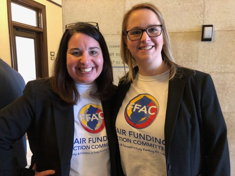 Jen Cavallaro-Fromm and Andrea Katz, advocates in New Jersey, attended the first public budget hearing of the year in Trenton on Wednesday. (Joe Hernandez/WHYY)