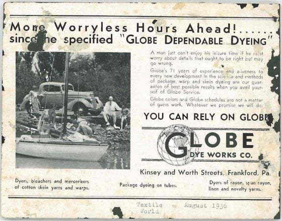 Globe Dye Works ad, 1936. (Courtesy of Globe Dye Works)